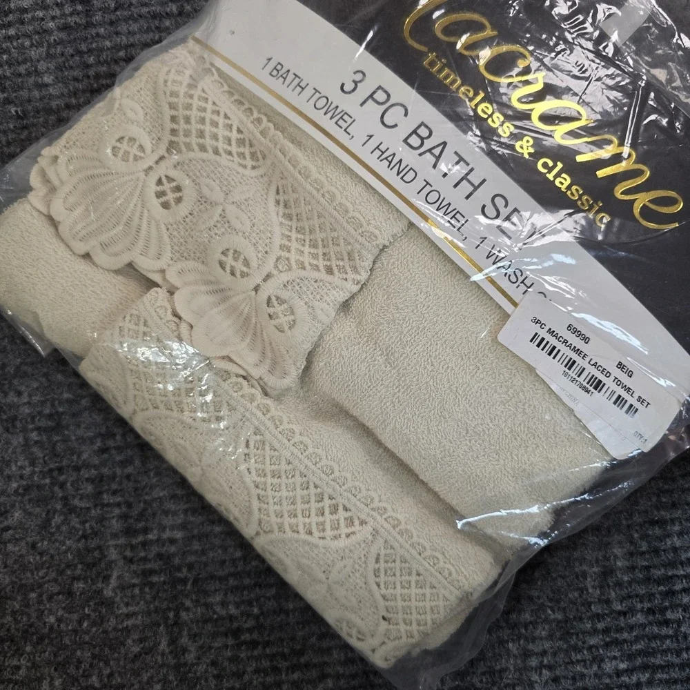 Macrame 3 Pc Bath Towel Set Beige Lace Cottagecore Victorian Romantic NEW
